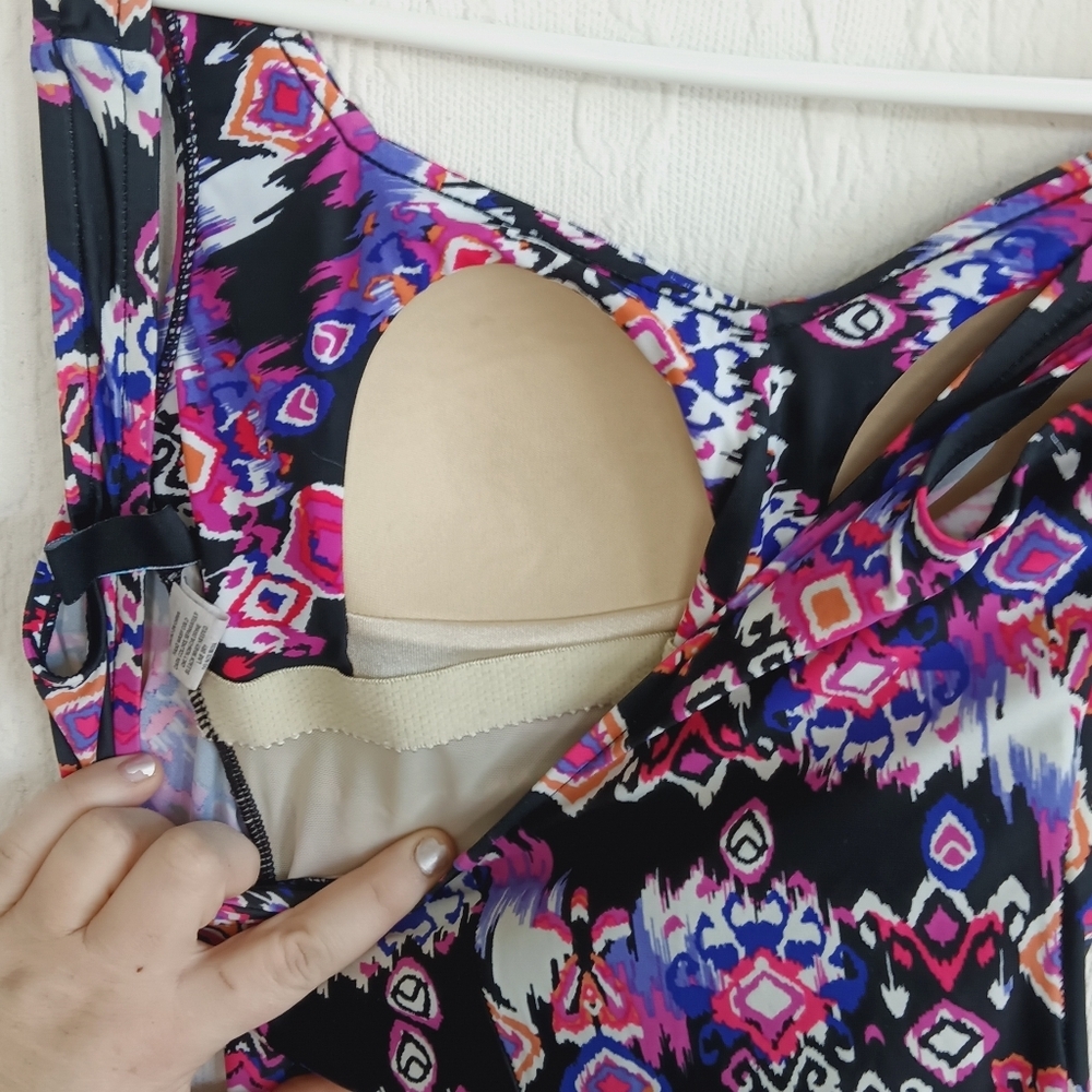 Purple Tribal Print Swimsuit Tummy Control Ruched Padded Cup Modest Medium - Picture 11 of 14